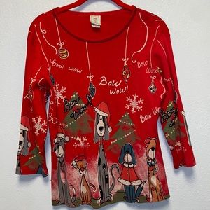 Jess & Jane Size Small Red 3/4 Sleeve Scoop Neck Doggy Bow Wow Christmas Tunic
